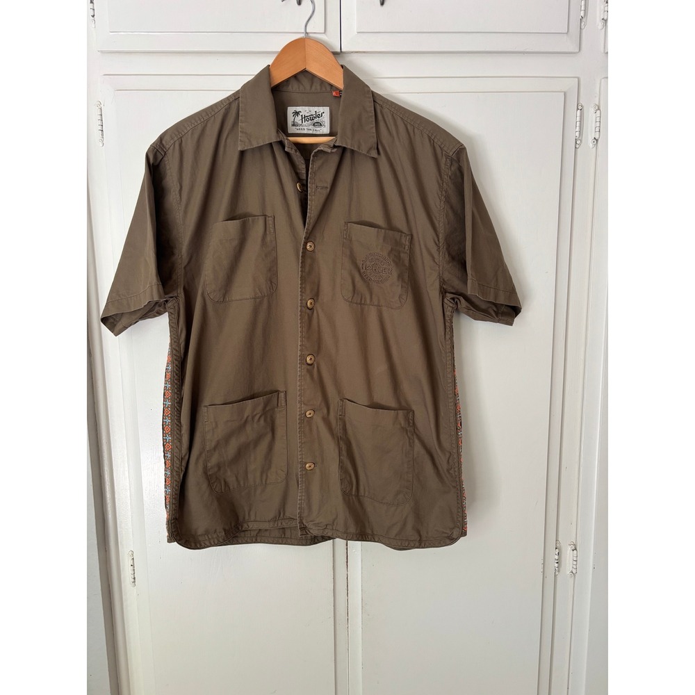 Howler Brothers Mens Large Brown Cotton 4 Pocket Guayabera Short Sleeve Shirt